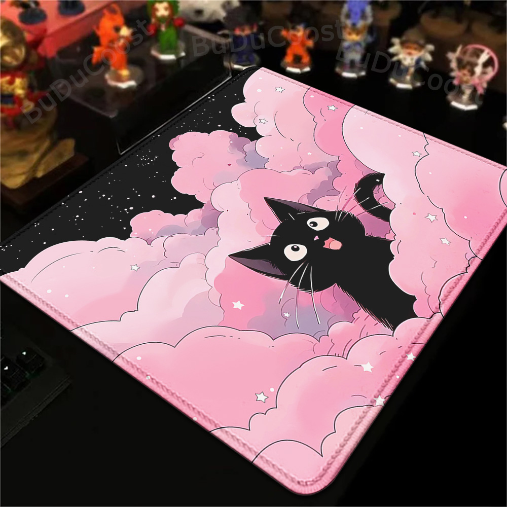 Desk Setup Pink - Petit tapis 18x22cm, nuages de chat